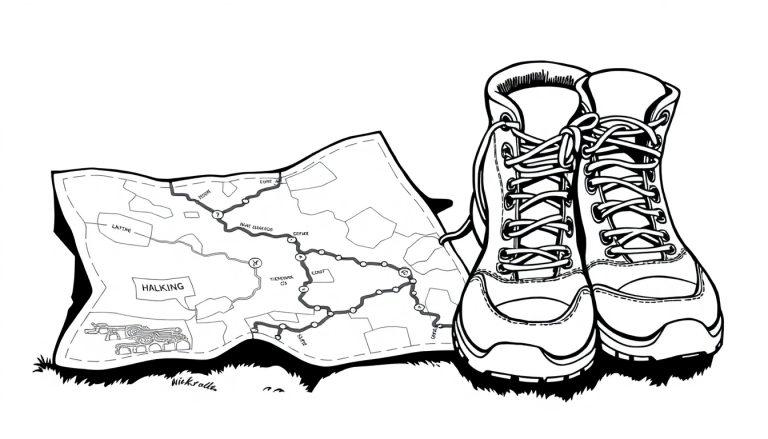 Wandelkaart en wandelschoenen kleurplaat voor de Vierdaagse!