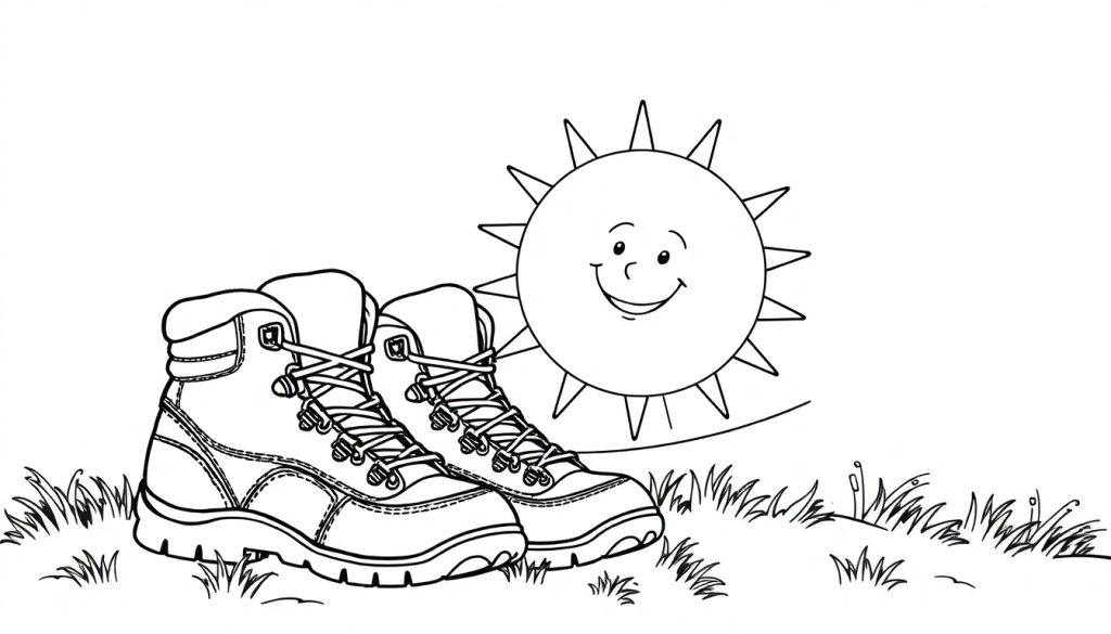 Kleurplaat van wandelschoenen met een lachende zon.