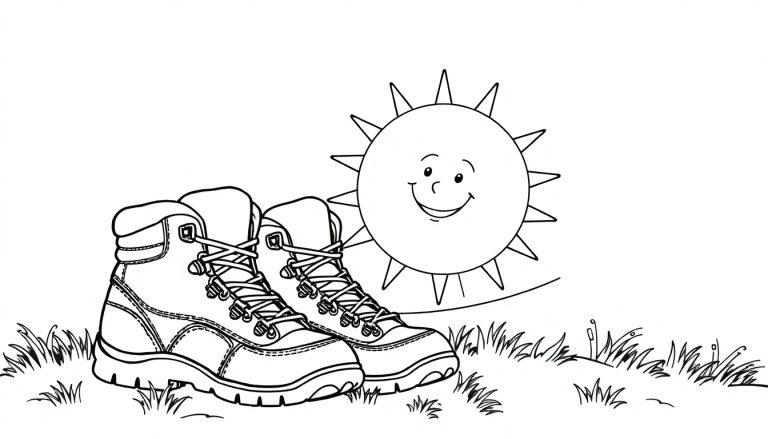 Kleurplaat van wandelschoenen met een lachende zon.