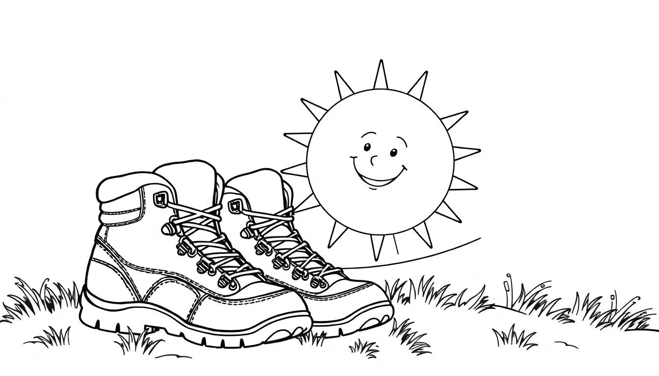 Kleurplaat van wandelschoenen met een lachende zon.