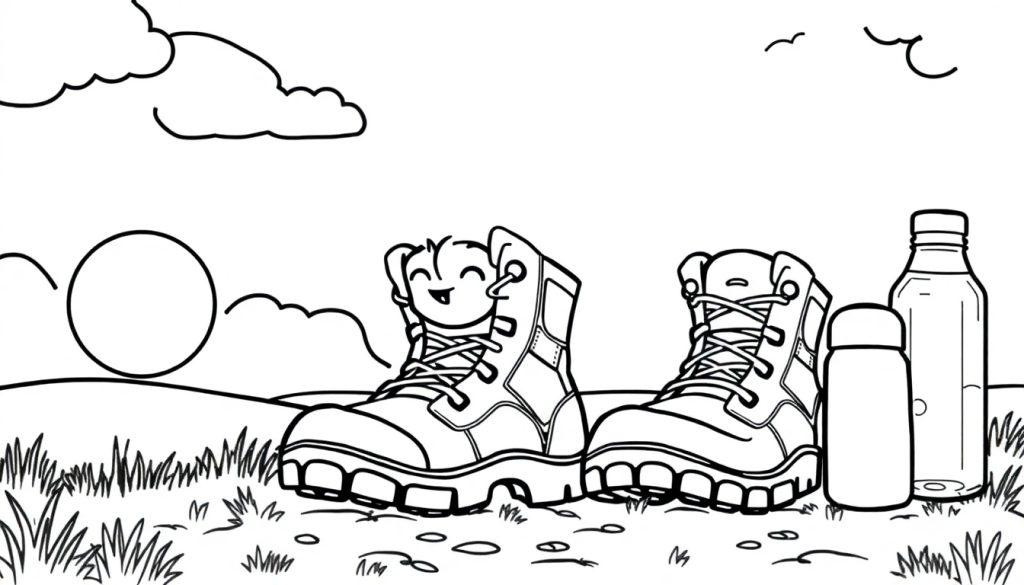 Wandel kleurplaat van schoenen en drinkflessen in een landschap.