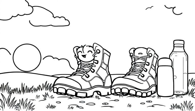 Wandel kleurplaat van schoenen en drinkflessen in een landschap.