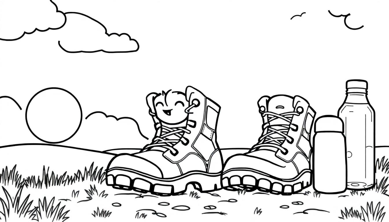 Wandel kleurplaat van schoenen en drinkflessen in een landschap.