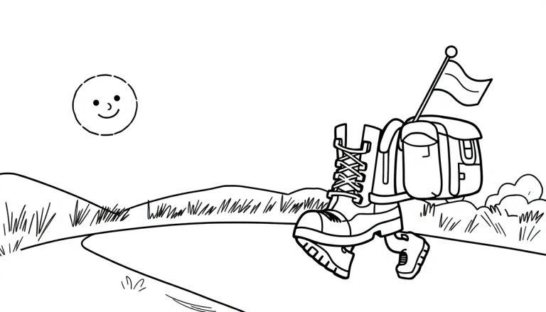 Wandelschoenen en rugzak voor een kleurplaat van de Vierdaagse