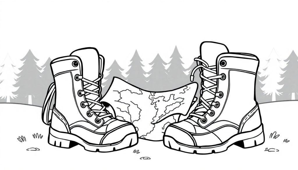 Wandelschoenen met kaart in het bos, klaar voor een kleurplaat avontuur!