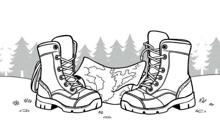 Wandelschoenen met kaart in het bos, klaar voor een kleurplaat avontuur!