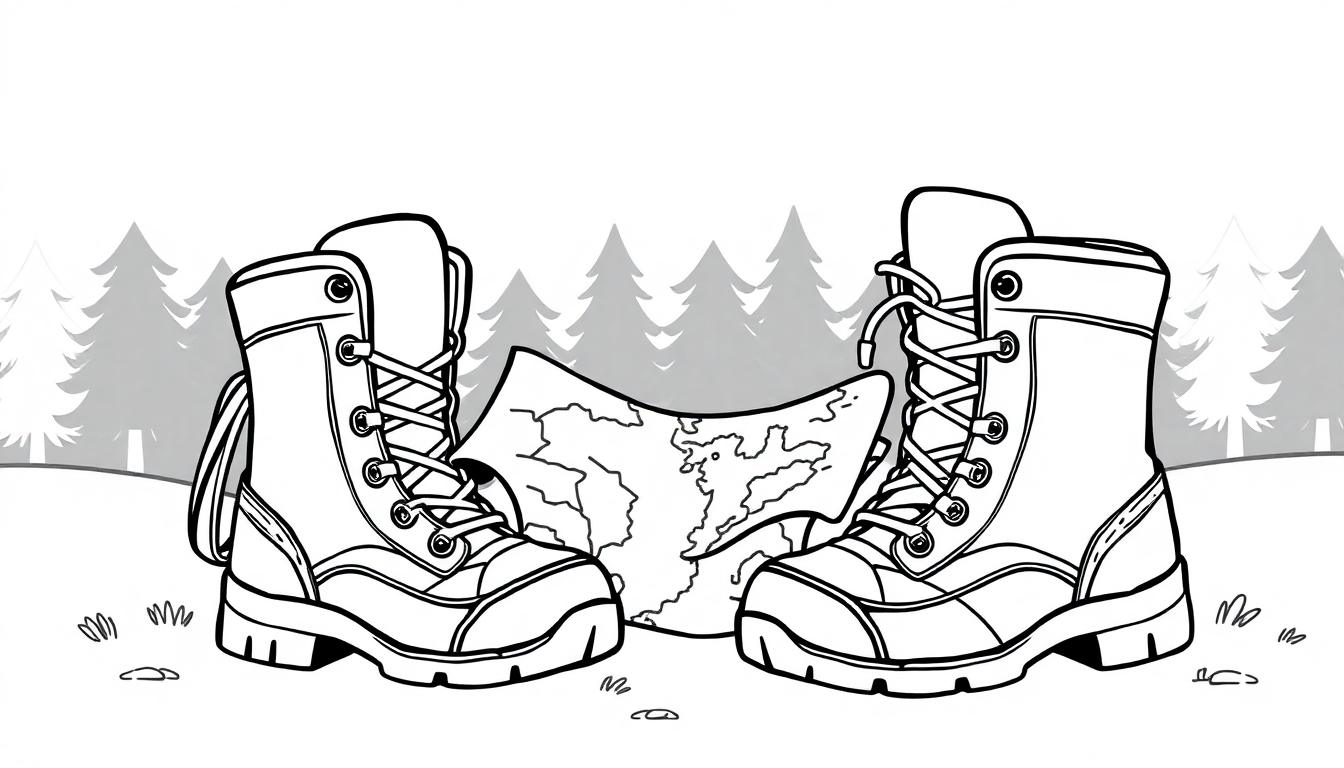 Wandelschoenen met kaart in het bos, klaar voor een kleurplaat avontuur!
