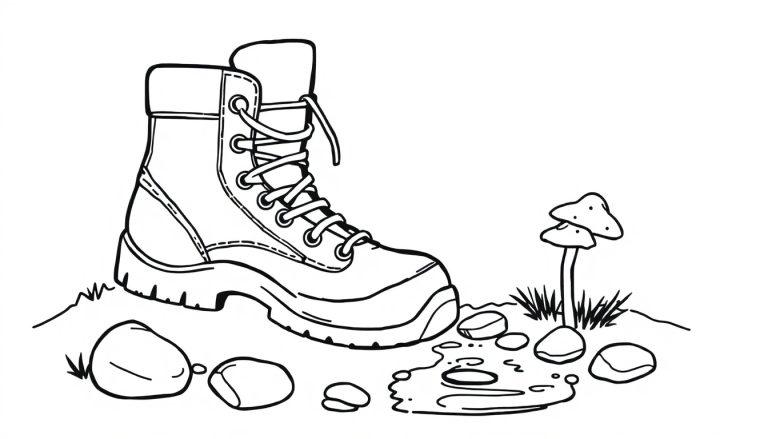 Wandelschoen kleurplaat met paddenstoelen en stenen.