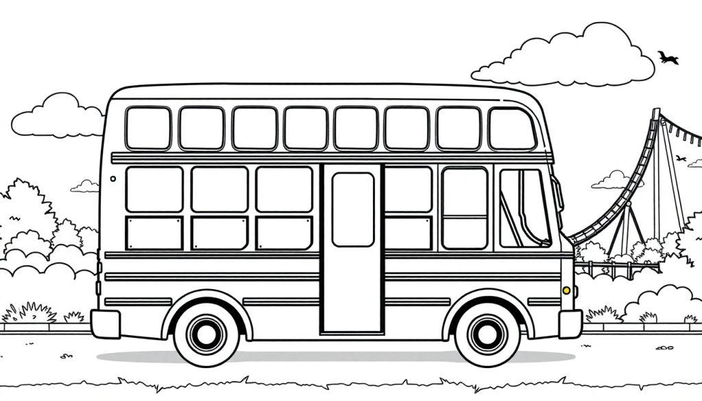 Kleurplaat van een schoolreisbus op weg naar Drievliet met lege ramen.