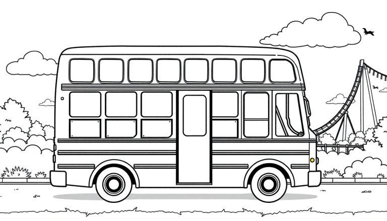 Kleurplaat van een schoolreisbus op weg naar Drievliet met lege ramen.