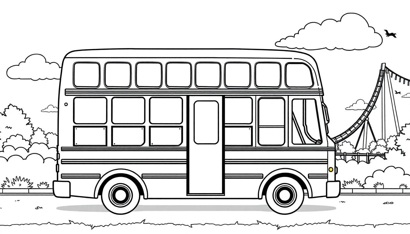 Kleurplaat van een schoolreisbus op weg naar Drievliet met lege ramen.