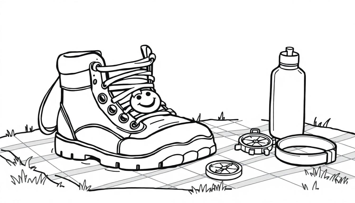 Wandelschoen kleurplaat met smiley gezicht, kompassen en waterfles op een kleedje.