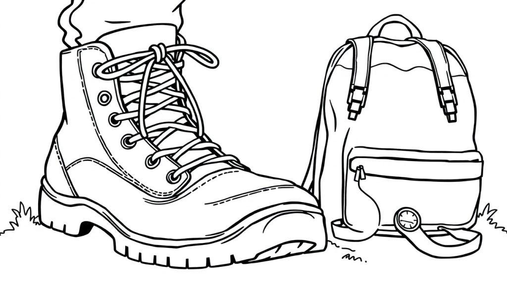 Wandelschoen en rugzak kleurplaat in de natuur.
