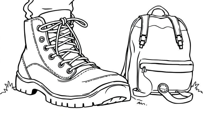 Wandelschoen en rugzak kleurplaat in de natuur.