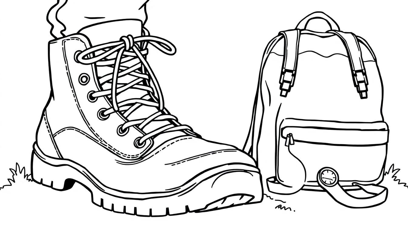Wandelschoen en rugzak kleurplaat in de natuur.