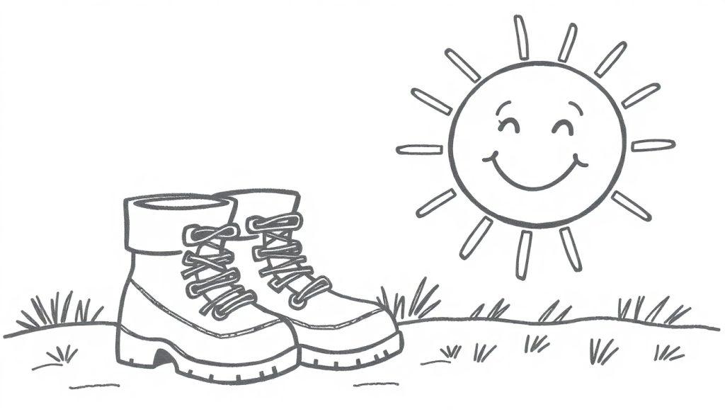 Kleurplaat van wandelschoenen in het gras met een lachende zon