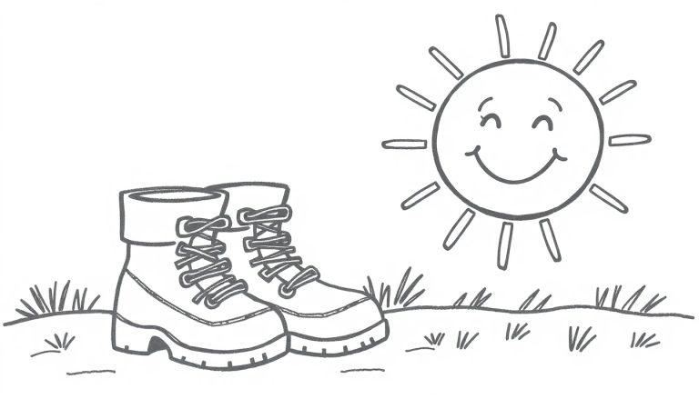 Kleurplaat van wandelschoenen in het gras met een lachende zon