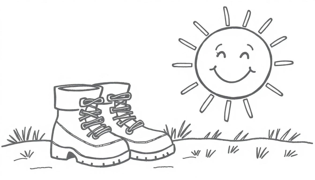 Kleurplaat van wandelschoenen in het gras met een lachende zon