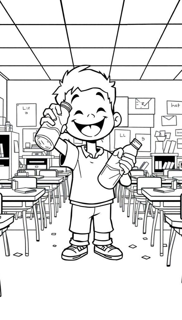 Kleurplaat van een lachende jongen met flessen in een klaslokaal. Perfect voor een bottleflip kleurplaat!