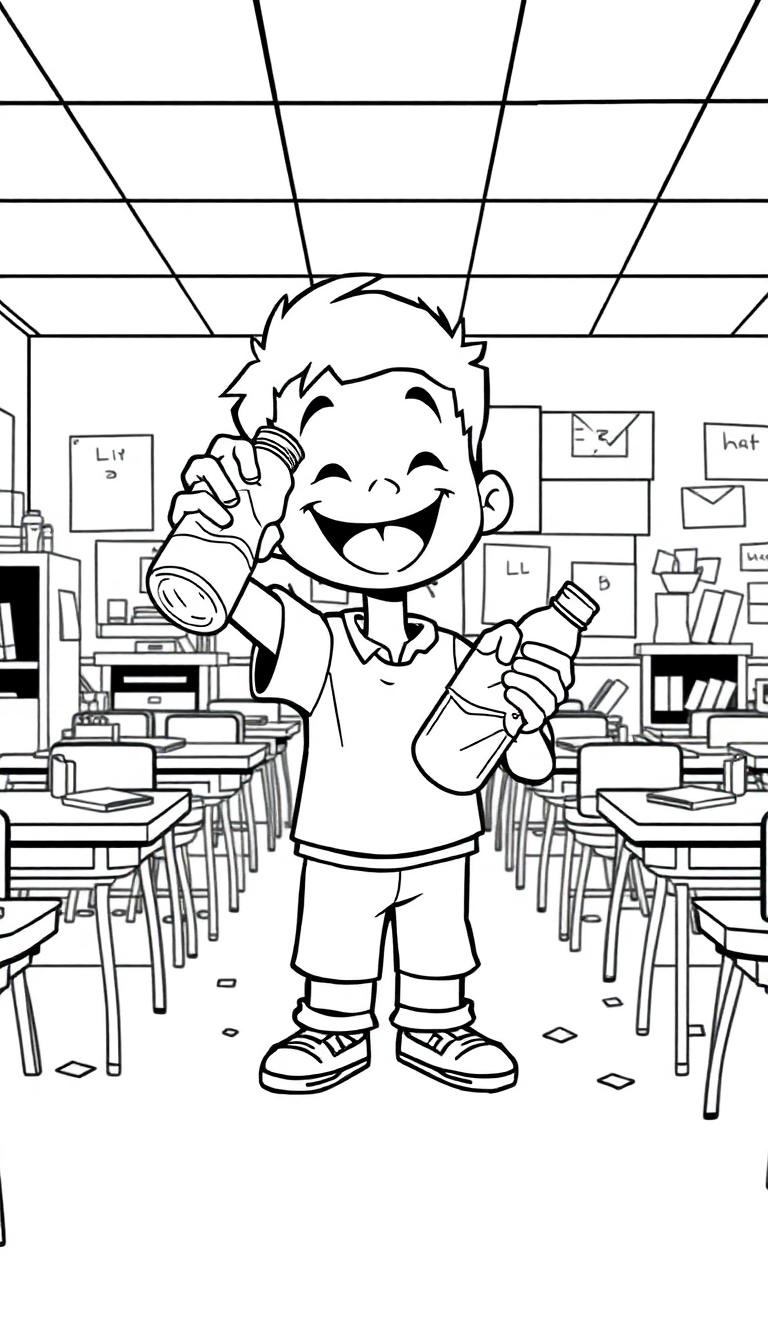Kleurplaat van een lachende jongen met flessen in een klaslokaal. Perfect voor een bottleflip kleurplaat!