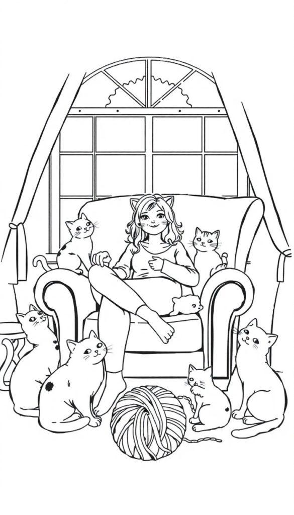Vrouw met veel katten, een gezellige kleurplaat!