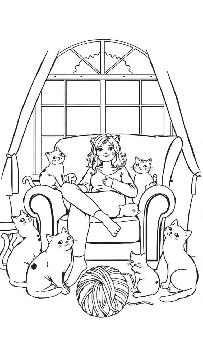 Vrouw met veel katten, een gezellige kleurplaat!