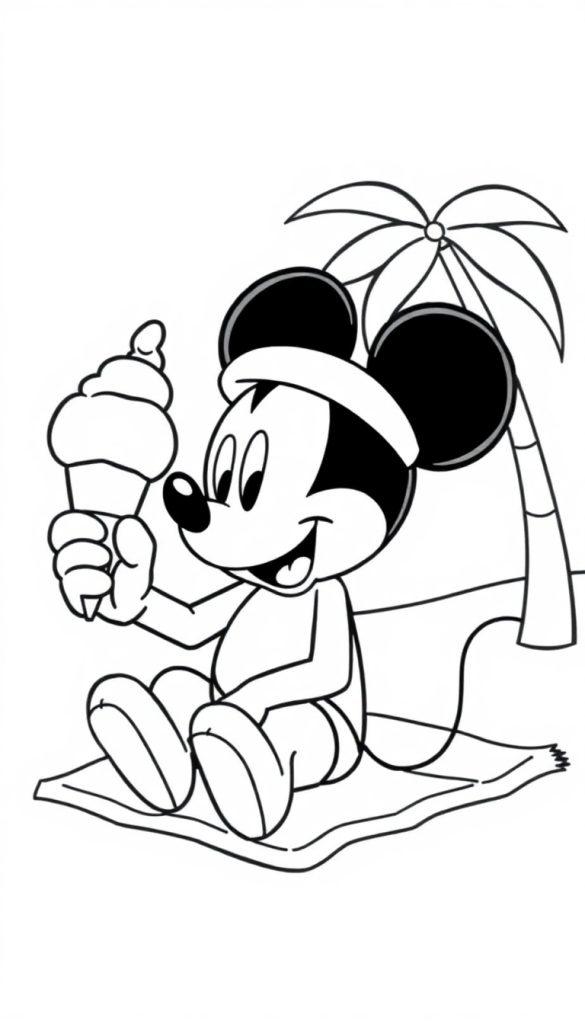 Mickey Mouse zomer kleurplaat met ijsje op het strand