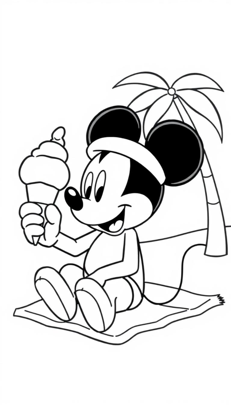 Mickey Mouse zomer kleurplaat met ijsje op het strand