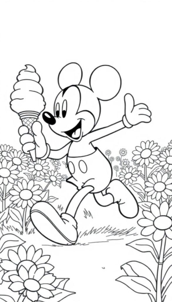Mickey Mouse zomer kleurplaat met ijsje in een veld vol madeliefjes.