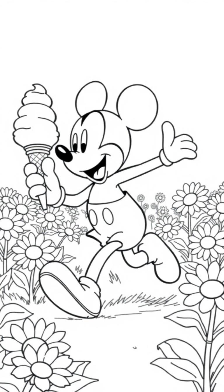Mickey Mouse zomer kleurplaat met ijsje in een veld vol madeliefjes.