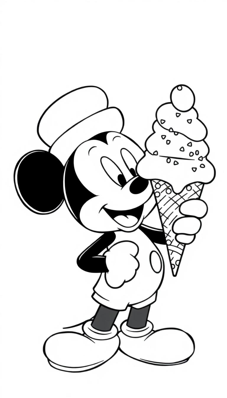 Mickey Mouse kleurplaat met ijsje