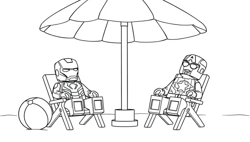 Kleurplaat van LEGO Iron Man en Captain America op het strand.