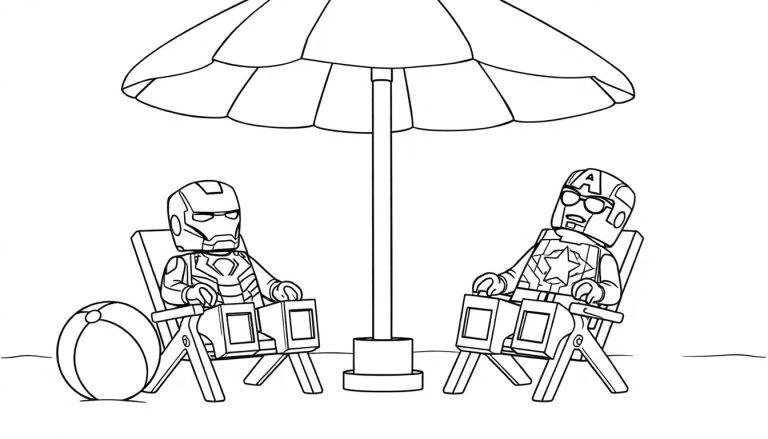Kleurplaat van LEGO Iron Man en Captain America op het strand.