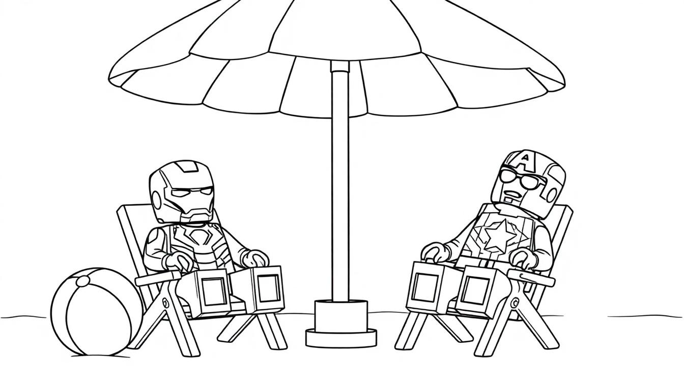 Kleurplaat van LEGO Iron Man en Captain America op het strand.
