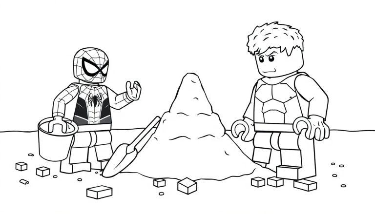 Kleurplaat van LEGO Spiderman en Hulk die een zandkasteel bouwen.