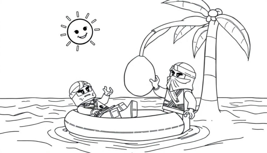 Lego Ninjago kleurplaat met figuren op een luchtbed op zee met strand, palmbomen en een zon.