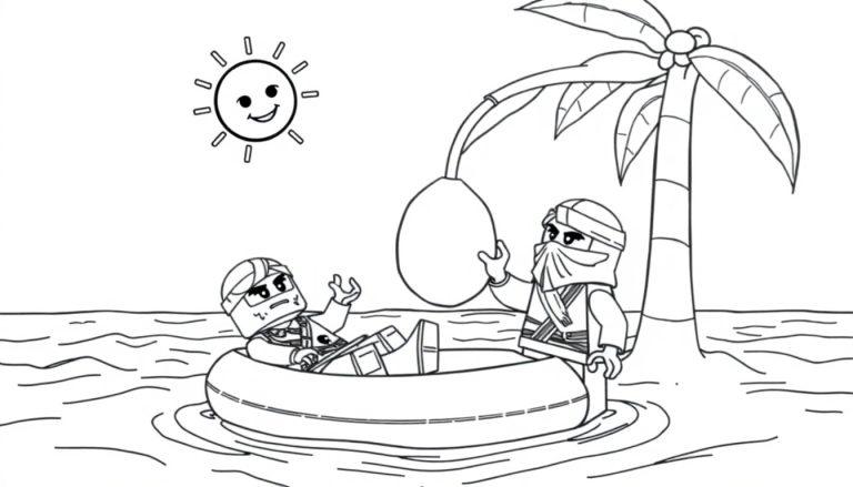 Lego Ninjago kleurplaat met figuren op een luchtbed op zee met strand, palmbomen en een zon.