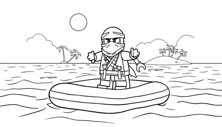 Lego Ninjago kleurplaat op luchtbed op zee