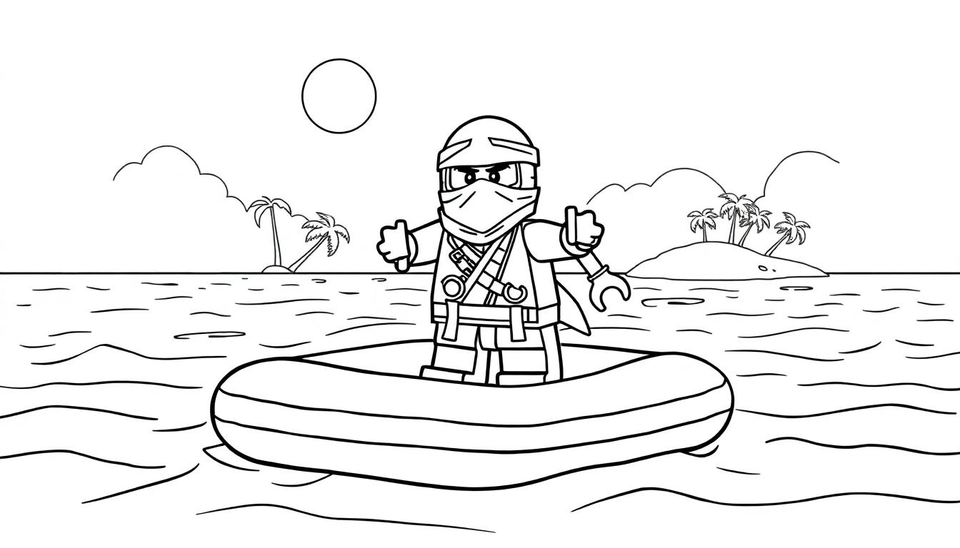 Lego Ninjago kleurplaat op luchtbed op zee