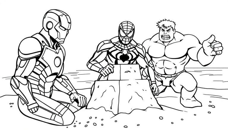 Iron Man, Spider-Man en Hulk kleurplaat op het strand.