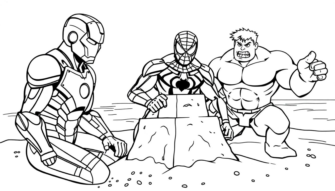 Iron Man, Spider-Man en Hulk kleurplaat op het strand.