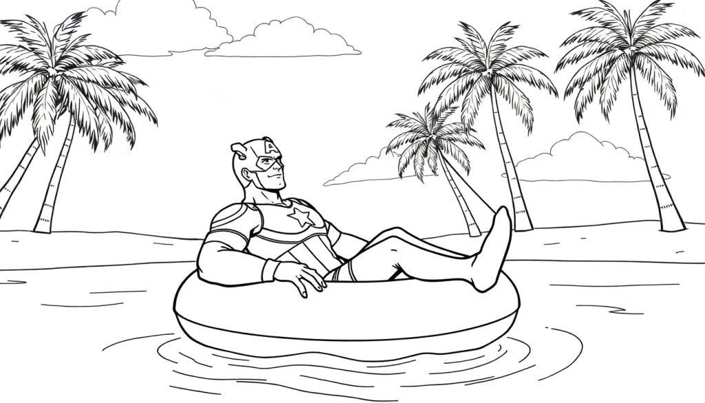 Kleurplaat van Captain America die relaxed dobbert op een zwemband op zee met palmbomen.