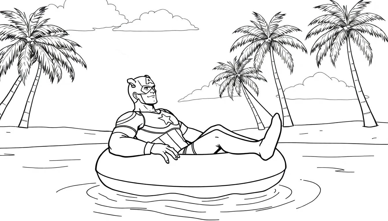 Kleurplaat van Captain America die relaxed dobbert op een zwemband op zee met palmbomen.