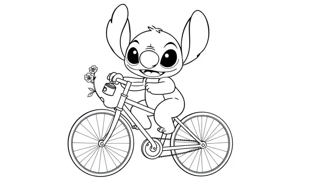 Kleurplaat van Stitch op een fiets met bloemen.