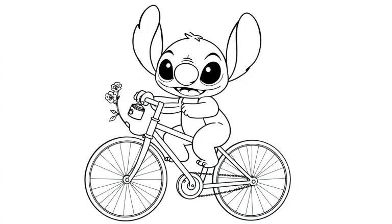 Kleurplaat van Stitch op een fiets met bloemen.