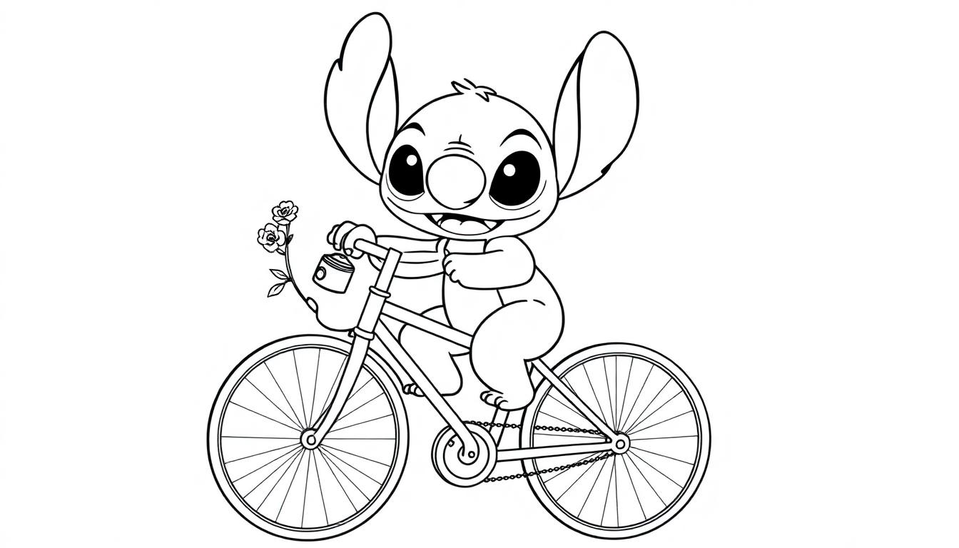 Kleurplaat van Stitch op een fiets met bloemen.