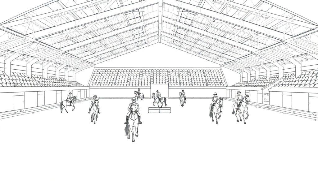 Kleurplaat van een grote manege met ruiters te paard.