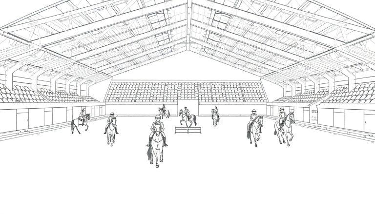 Kleurplaat van een grote manege met ruiters te paard.