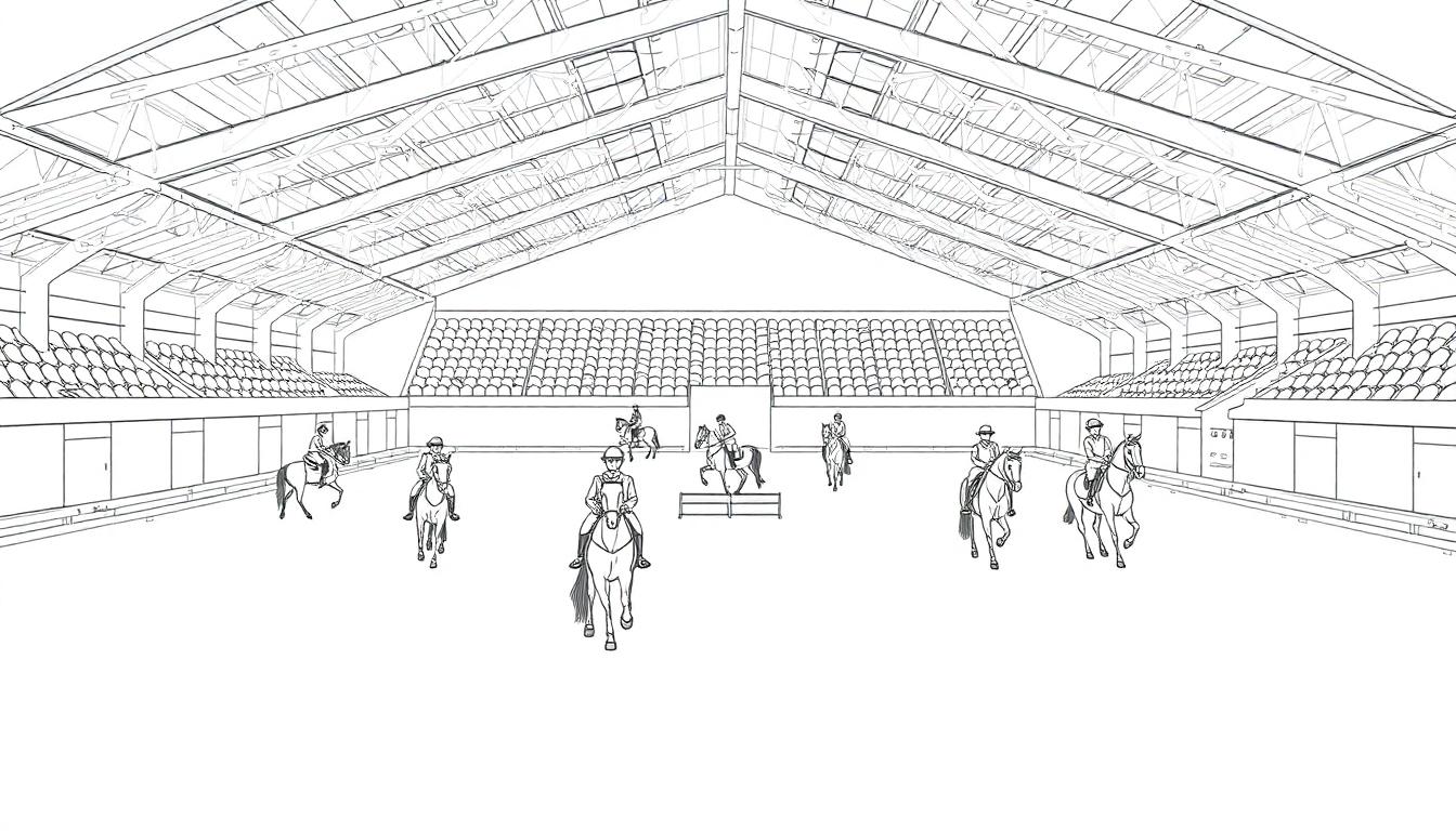 Kleurplaat van een grote manege met ruiters te paard.