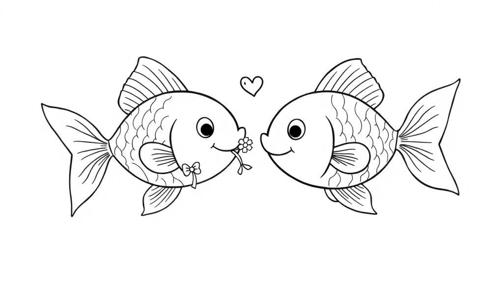 Kleurplaat van twee vrolijke goudvissen die elkaar liefdevol aankijken, met een hartje erboven en een bloem in de mond van één vis.